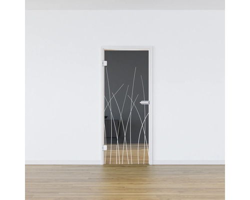 Porte en verre avec motif d''herbes dans une pièce lumineuse