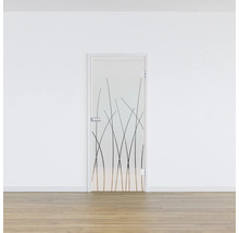 Porte intérieure en verre avec décor sur un mur blanc