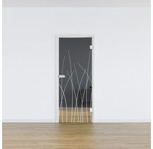 Porte en verre avec décor d''herbes blanches dans une pièce