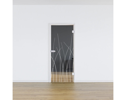 Porte en verre avec décor d''herbes blanches dans une pièce