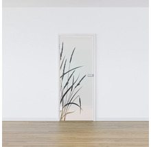 Porte en verre avec décor d''herbes dans une pièce lumineuse.