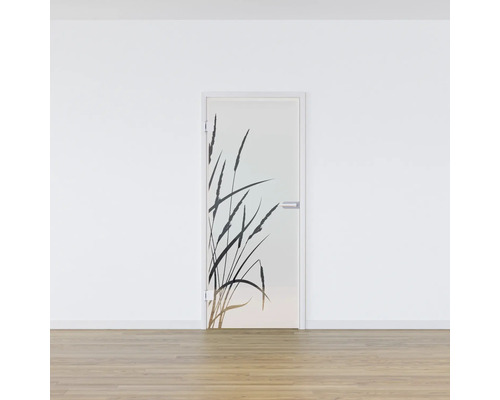 Porte en verre avec décor d''herbes dans une pièce lumineuse.