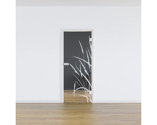Porte en verre avec décor d''herbes dans une pièce lumineuse