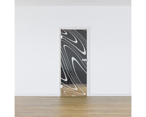 Porte en verre avec motif abstrait dans une pièce lumineuse