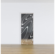 Porte en verre avec motif graphique dans un espace minimaliste