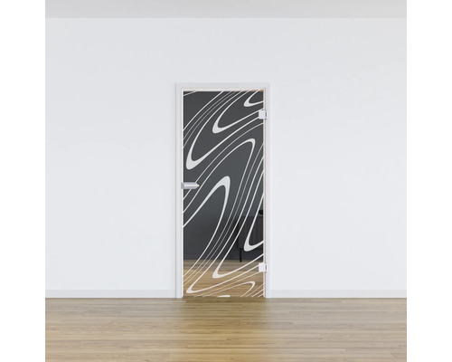 Porte en verre avec motif graphique dans un espace minimaliste