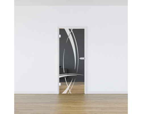 Porte en verre avec décor blanc dans une pièce lumineuse