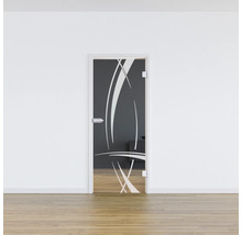 Porte en verre avec motif abstrait dans une pièce lumineuse