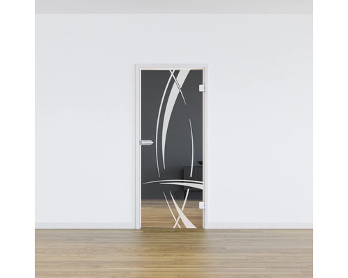 Porte en verre avec motif abstrait dans une pièce lumineuse