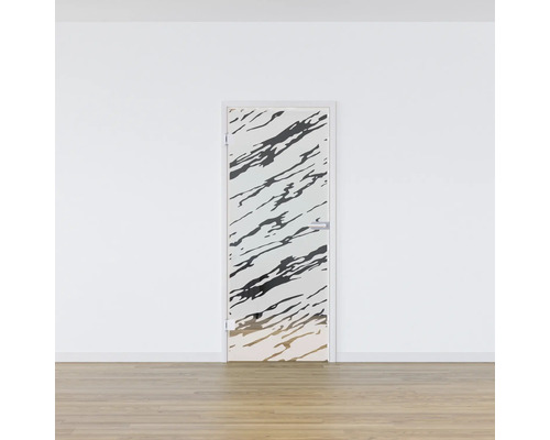 Porte intérieure avec insert en verre et motif abstrait dans une pièce
