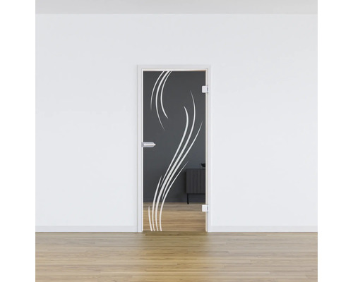 Porte en verre avec décor blanc dans une pièce lumineuse