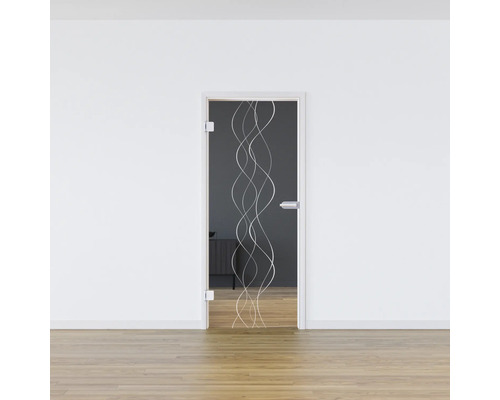 Porte en verre avec décor ondulé dans un intérieur lumineux