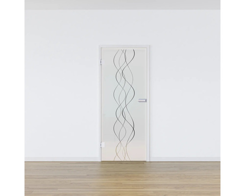 Porte en verre avec motif ondulé dans une pièce lumineuse