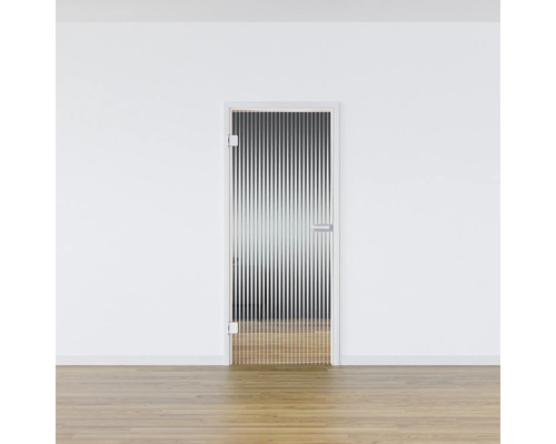 Porte intérieure avec panneau de verre et motif à rayures verticales