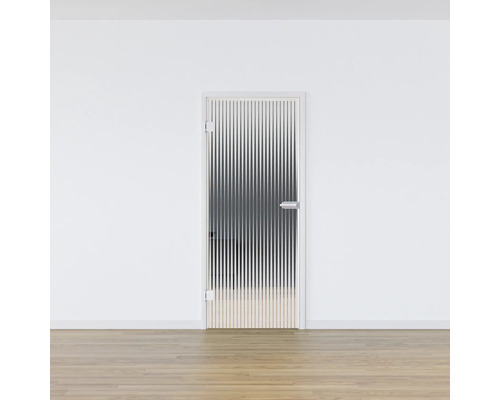Porte en verre avec des rayures satinées et une poignée dans un mur