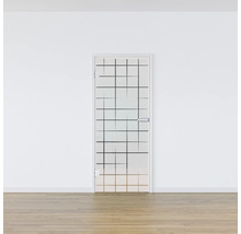 Porte intérieure avec insert en verre et motif rectangulaire devant un mur blanc
