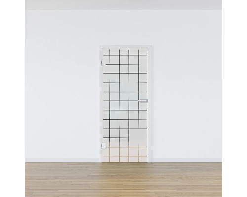 Porte intérieure avec insert en verre et motif rectangulaire devant un mur blanc