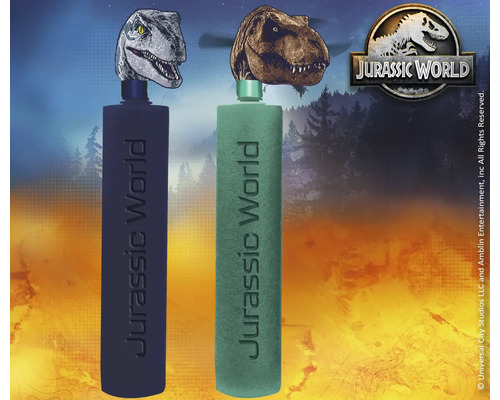Deux bouteilles d''eau Jurassic World avec une tête de dinosaure