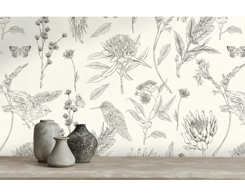 Dekorative Tapete mit Blumen-, Schmetterlings- und Vogelmotiven