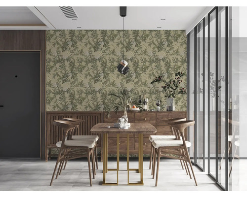 Salle à manger avec table, chaises et papier peint floral