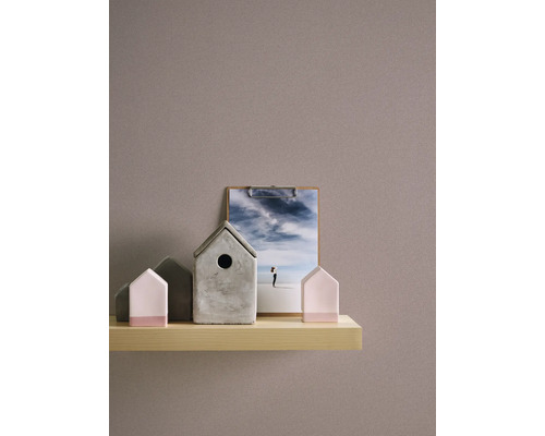 Dekorative Häuser und eine Fotografie auf einem Regal