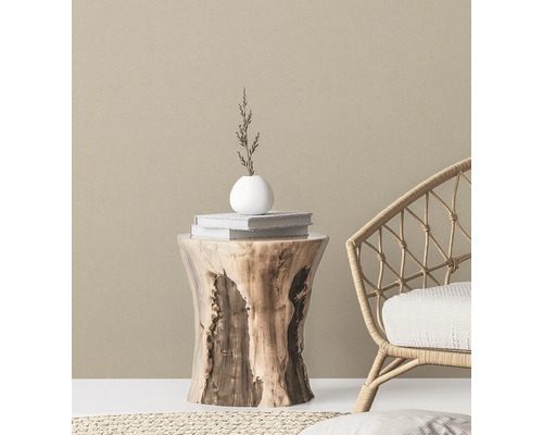 Dekoratives Wohnambiente mit Holzhocker, Rattansessel, Büchern und Blumenvase