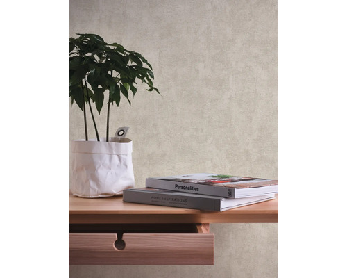 Papier peint sur le mur avec plante, livres et commode