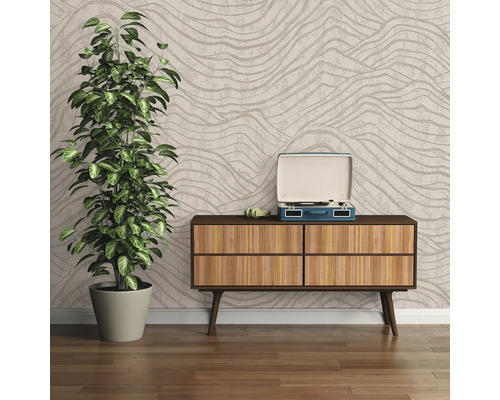 Intérieur décoratif avec papier peint à motifs, commode en bois, plante d''intérieur et tourne-disque