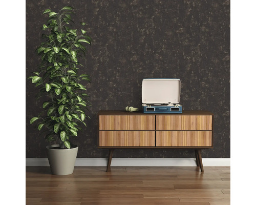 Scène de salon avec plante en pot, tourne-disque et commode en bois