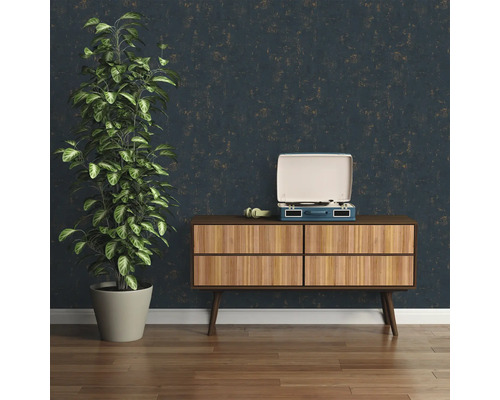 Salon avec commode, tourne-disque et plante d''intérieur.