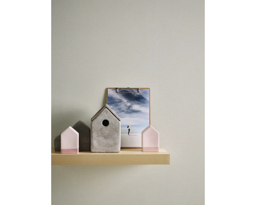 Maisons décoratives et une photographie sur une étagère en bois