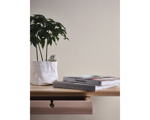 Nahaufnahme einer Wand mit Tapete, einem Holztisch mit Schublade, einer Zimmerpflanze in einem weißen Behälter und zwei Büchern