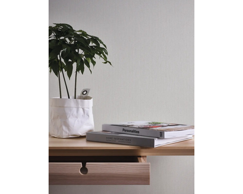Detailaufnahme eines Raumes mit Pflanze, Büchern und Holzschreibtisch