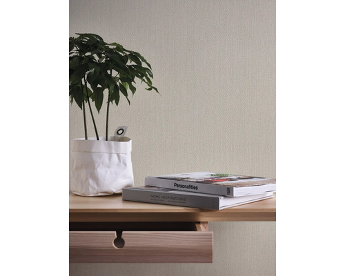 Papier peint textile beige avec plante, livres et bureau
