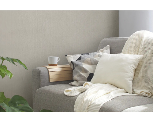 Scène de salon avec canapé gris, coussins et plateau en bois