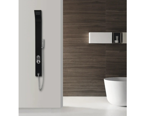 Salle de bain avec panneau de douche, baignoire et étagère murale