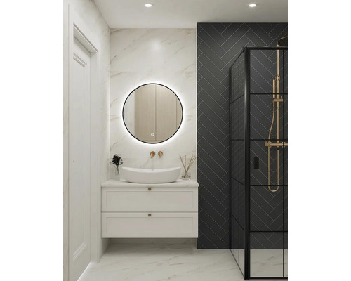 Badezimmer mit Waschtischunterschrank, Aufsatzwaschbecken, beleuchtetem Spiegel und Duschkabine