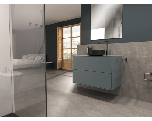 Salle de bains moderne avec meuble sous-lavabo, miroir et douche à l''italienne