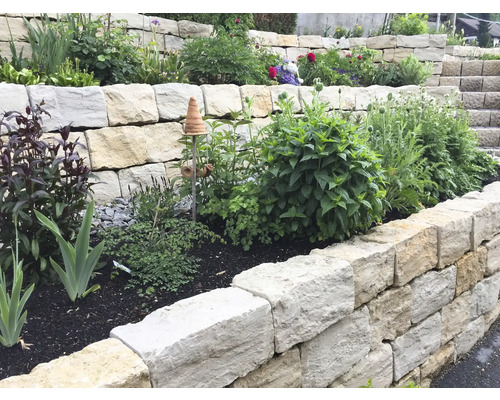 Jardin en terrasses avec mur de soutènement en pierre et plantations