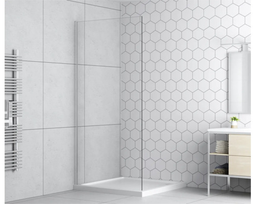 Salle de bains avec cabine de douche, meuble sous-lavabo et sèche-serviettes