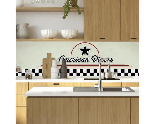 Küchenszene mit Spritzschutz im American Diner Design, Spüle und Armatur.