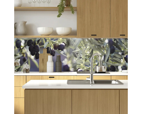 Küchenrückwand mit Olivenmotiv in einer modernen Küche