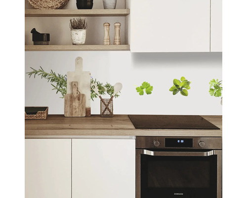 Küchenszene mit Kräuter-Wanddekoration