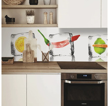 Küchenrückwand mit Obst- und Gemüsemotiven in Eiswürfeln
