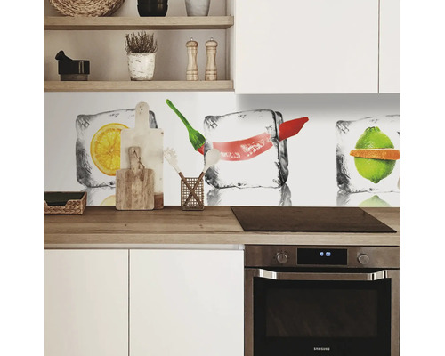 Küchenrückwand mit Obst- und Gemüsemotiven in Eiswürfeln