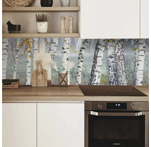 Küchenszene mit Spritzschutz mit Birkenwald-Motiv, Herd und Regalen