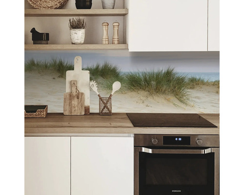 Küchenrückwand mit Dünenmotiv hinter Kochfeld und Spüle.