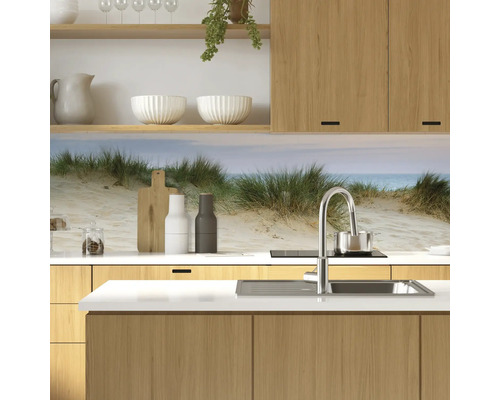 Küchenrückwand mit Dünenmotiv hinter einer Spüle