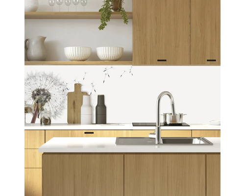 Küchenszene mit Spüle, Armatur, Kochfeld und Küchenutensilien vor einer Küchenrückwand mit Pusteblumenmotiv