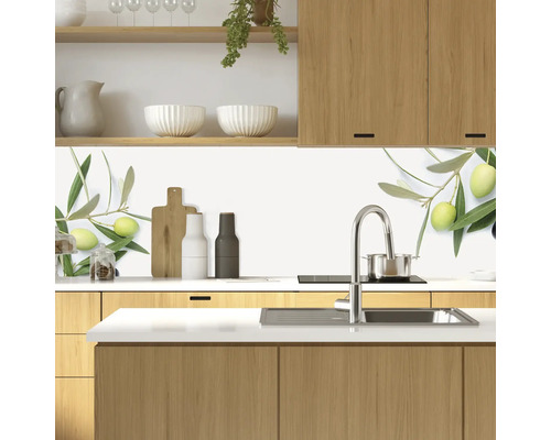 Küchenrückwand mit Olivenzweig-Motiv in einer modernen Küche